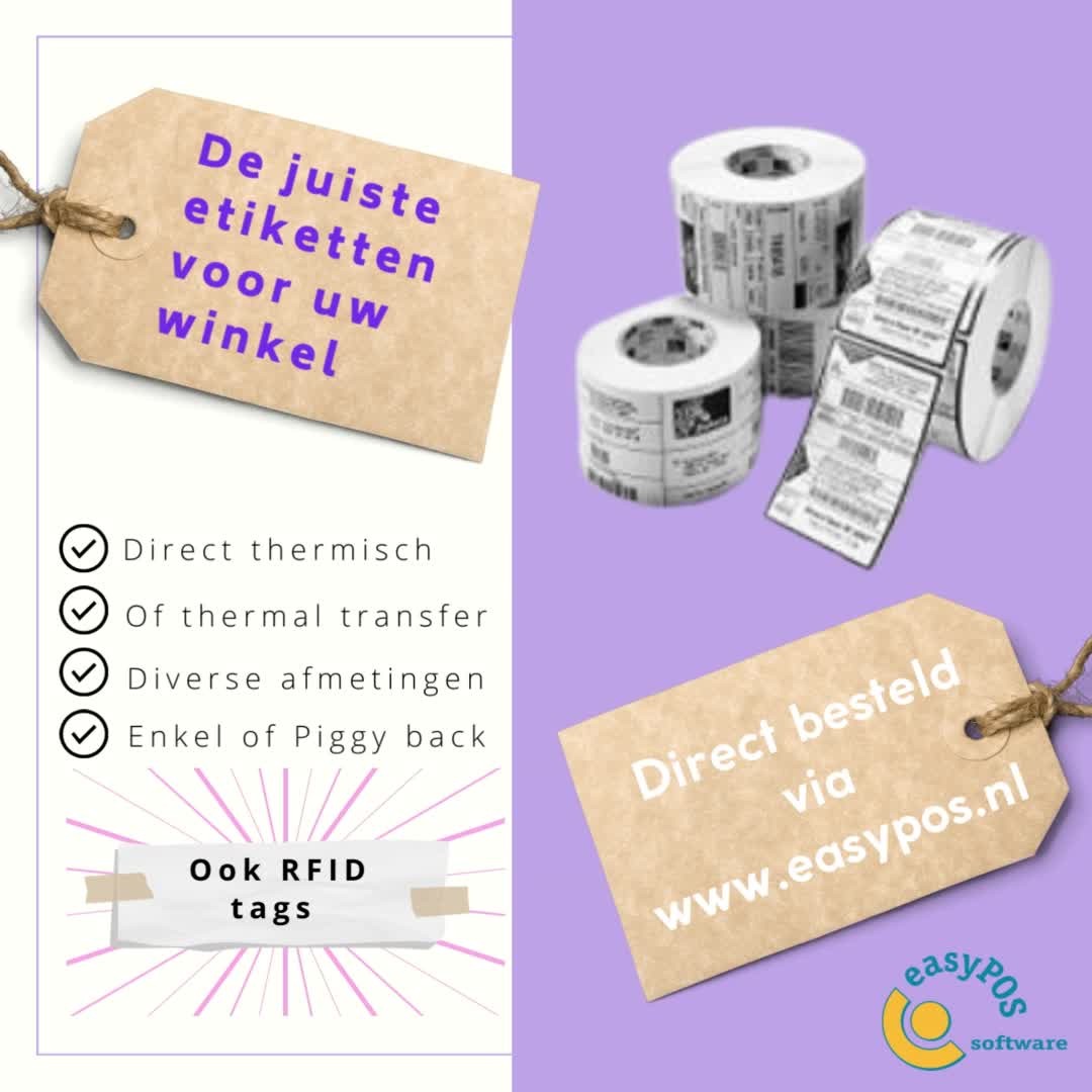 Hangkaartjes en etiketten met duidelijke productinformatie zoals materiaal, omschrijving en prijs.
Kies uit onze vele soorten en maten en selecteer op: formaat; wel of niet thermisch; permanent of afneembaar.
www.easypos.nl product-categorie etiketten
Online etiketten maak je gemakkelijk en snel met easyVorasOnline. Bekijk de instructievideo op ons YouTube-kanaal. Download een gratis demo van dit online voorraadprogramma. www.easypos.nl demo-aanvraag easyposonline
#retailsoftware #etiket #labels #printen #online #tijdwinst #bulk #fashion #webshop #voorraad #productinfo #winkelautomatisering #thermisch #plaketiket #permanent #ThermischeEtikettenShop #kassa #webshopkoppeling #youtube #instructievideo #gratisdemo #woocommerce #ontdekken #SoftwareVoorWinkelsEnWebshops