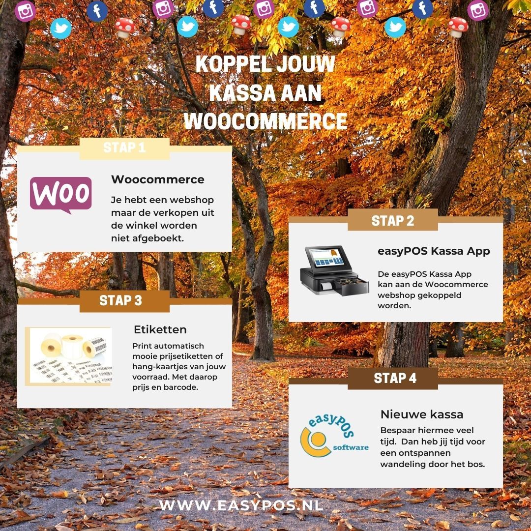 Koppel jouw kassa aan Woocommerce De easyPOS Kassa App kan aan jouw Woocommerce webshop gekoppeld worden. Bespaar hiermee veel uren werk. Dan heb jij tijd voor een ontspannen herfstwandeling.
https://www.easypos.nl/product/kassa-koppeling-met-woocommerce/
#retailsoftware #kassa #fashion #webshop #voorraad #woocommerce #winkelautomatisering #etiketten #webshopkoppeling #bespaartijd #softwarevoorwinkelsenwebshops