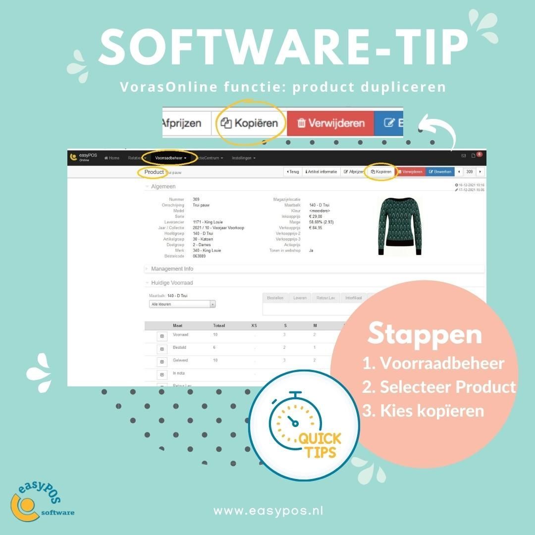 SOFTWARE-TIP Gemakkelijk werken met easyVorasOnline. Dupliceer een product in 3 stappen: Ga naar voorraadbeheer, kies product en ga naar button kopiëren. Veel succes.
www.easypos.nl/product/easyvorasonline/
#retailsoftware #kassa #tipsentricks #quicktips #gemak #handig #lerendoortedoen #fashion #online #functie #winkelautomatisering #softwarevoorwinkelsenwebshops