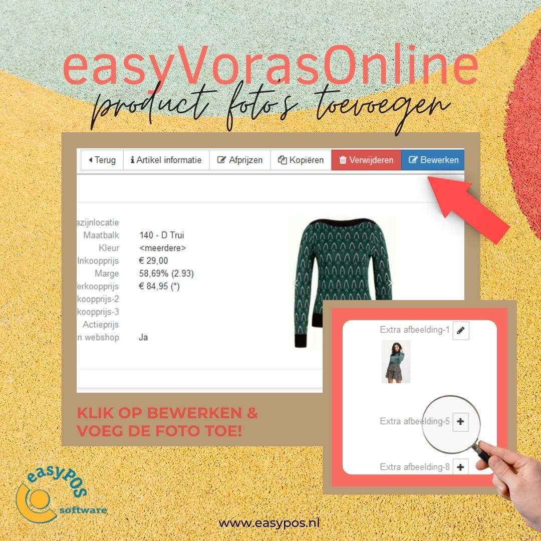 easyVorasOnline: product foto’s toevoegen gaat heel eenvoudig. Ga naar voorraadbeheer, producten en kies Bewerken. Voeg daarna 1 of meer foto’s toe. Maak zo bijzondere details, materiaal en afwerking van de producten goed zichtbaar.
www.easypos.nl/product/easyvorasonline/ 

#retailsoftware #voorraad #product #foto #pictures #online #shopping #gemak #compleet #fashion #softwarevoorwinkelsenwebshops